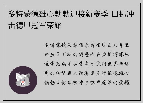 多特蒙德雄心勃勃迎接新赛季 目标冲击德甲冠军荣耀