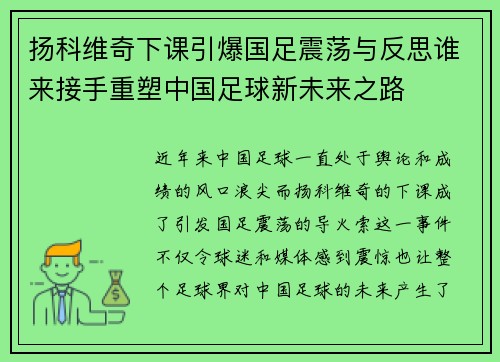 扬科维奇下课引爆国足震荡与反思谁来接手重塑中国足球新未来之路